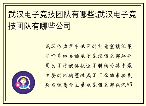 武汉电子竞技团队有哪些;武汉电子竞技团队有哪些公司